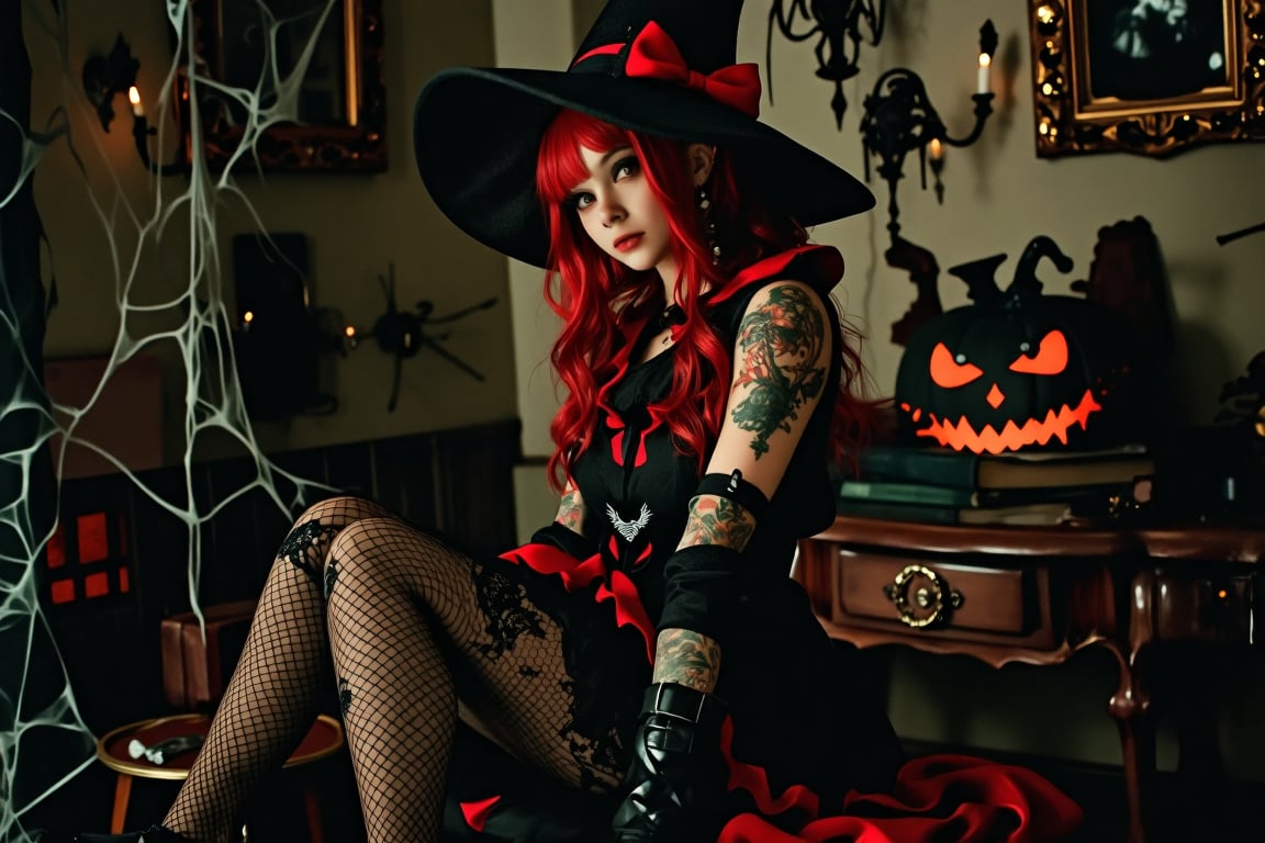 cinematic still,  woman with red hair,  sitting on an antique wooden table by user_719478692471950793 on Tensor.Art