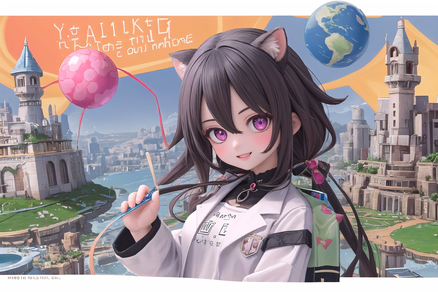 In a vibrant pink and blue hue-drenched frame, Little Hotafodef and Little Clorinde, dressed in matching lab coats, strike a pose reminiscent of Pinky and the Brain. Hotafodef's goofy grin radiates across her face, while Clorinde's eyes gleam with genius-level intensity. The cityscape background recedes into distance, with a giant globe and scientific instruments scattered about. Little Hotafodef and Little Clorinde grasp a miniature world map, their paws poised as if plotting their next diabolical scheme amidst the colorful chaos. (masterpiece), best quality, HDR, 32k UHD, Ultra realistic, highres, highly detailed, ultra_hd, high resolution, ultra_detailed, hyper realistic, extemely detailed background, detailed_background, complex_background, depth_of_field, extremely detailed and complex,