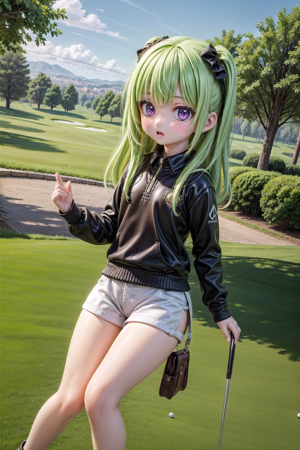 1girl, Collei_Impact, scenery, extreme adorable girl, cutie, tiny girl, purple eyes, green hair, hyper realistic, highres, photography, photorealistic scene, real life, insane detailed, in Spain, a very realistic summer day, (Collei, we are in Madrid now. Let's play a bit golf together at the golf club.), extreme realistic facial expression on an very realistic moment, highly detailed, cutest Collei Style, wallpaper,