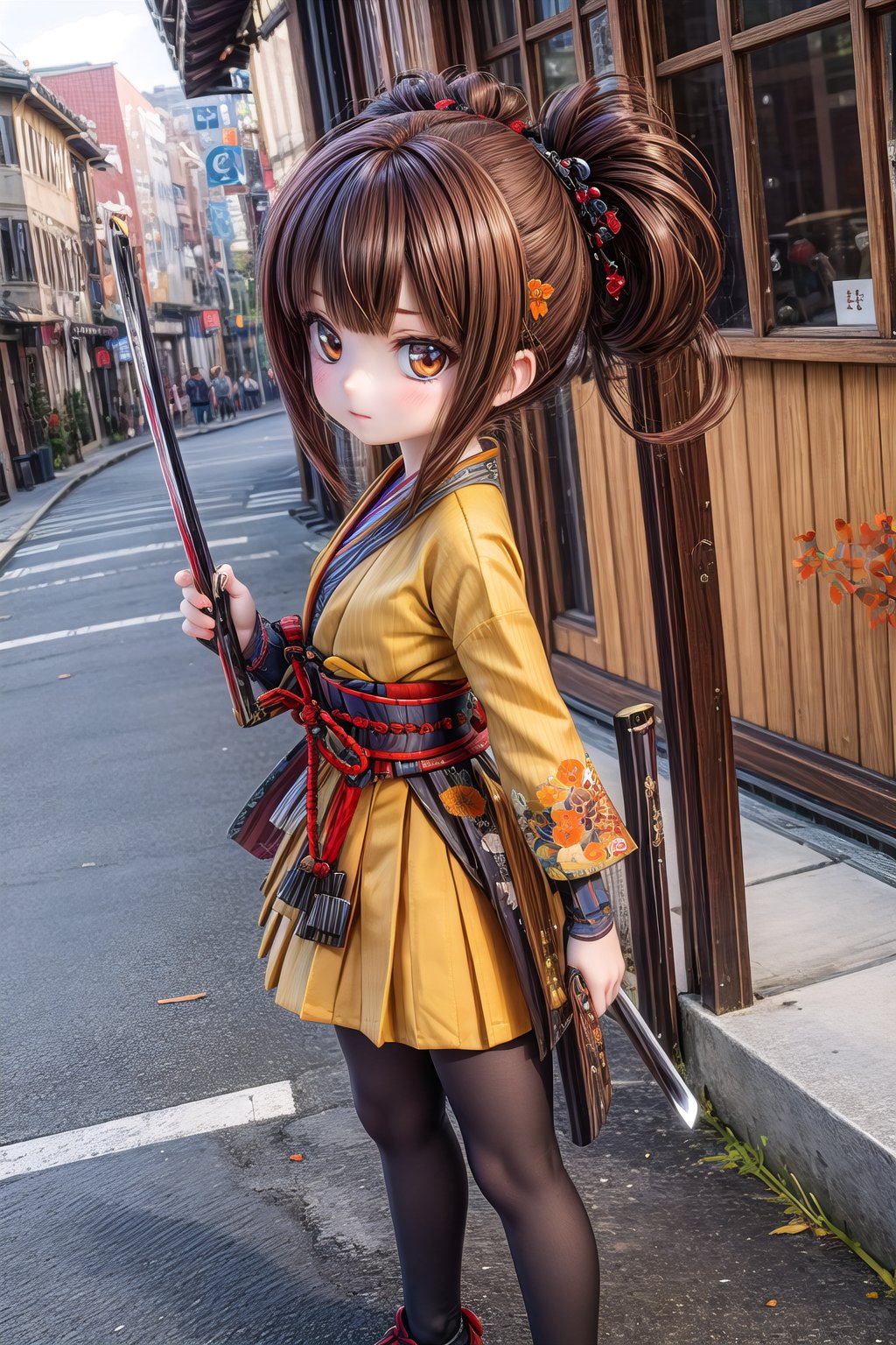 Chiori_Impact, outdoor, 1girl, solo, is located near Inazuma, shows me your katana, holding katana in right hand and holding katana in left hand, chiori style, show me your holding katanas, bangs,