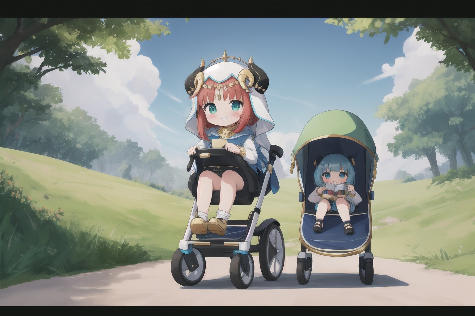 whimsical scene: Little (full body view of Niloudef) rides through the lush landscape of Teyvat in a state-of-the-art Formula 1-style high-speed stroller powered by a Formula 1 engine, putting on a mischievous expression. The warm sunlight casts a golden glow on her cheeky pose and grin as she drives past the viewer. A cloud of dust trails behind her, emphasizing the speed of the fast baby carriage. Framed by bright shades of green and blue, Niloudef's carefree joy radiates from the frame.