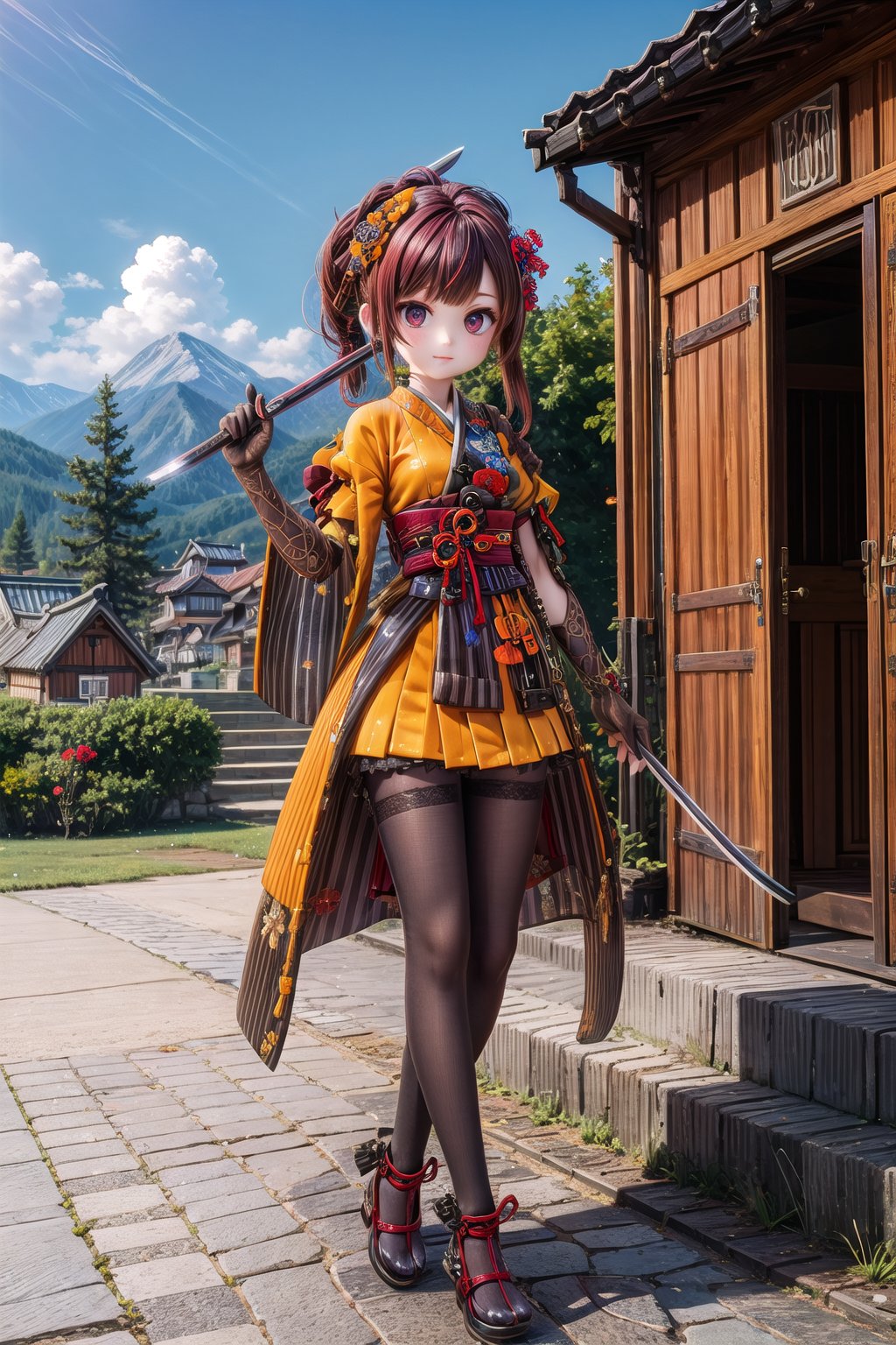 Chiori_Impact, outdoor, 1girl, solo, is located near Mondstadt, shows me your katana, holding katana in right hand and holding katana in left hand, chiori style,