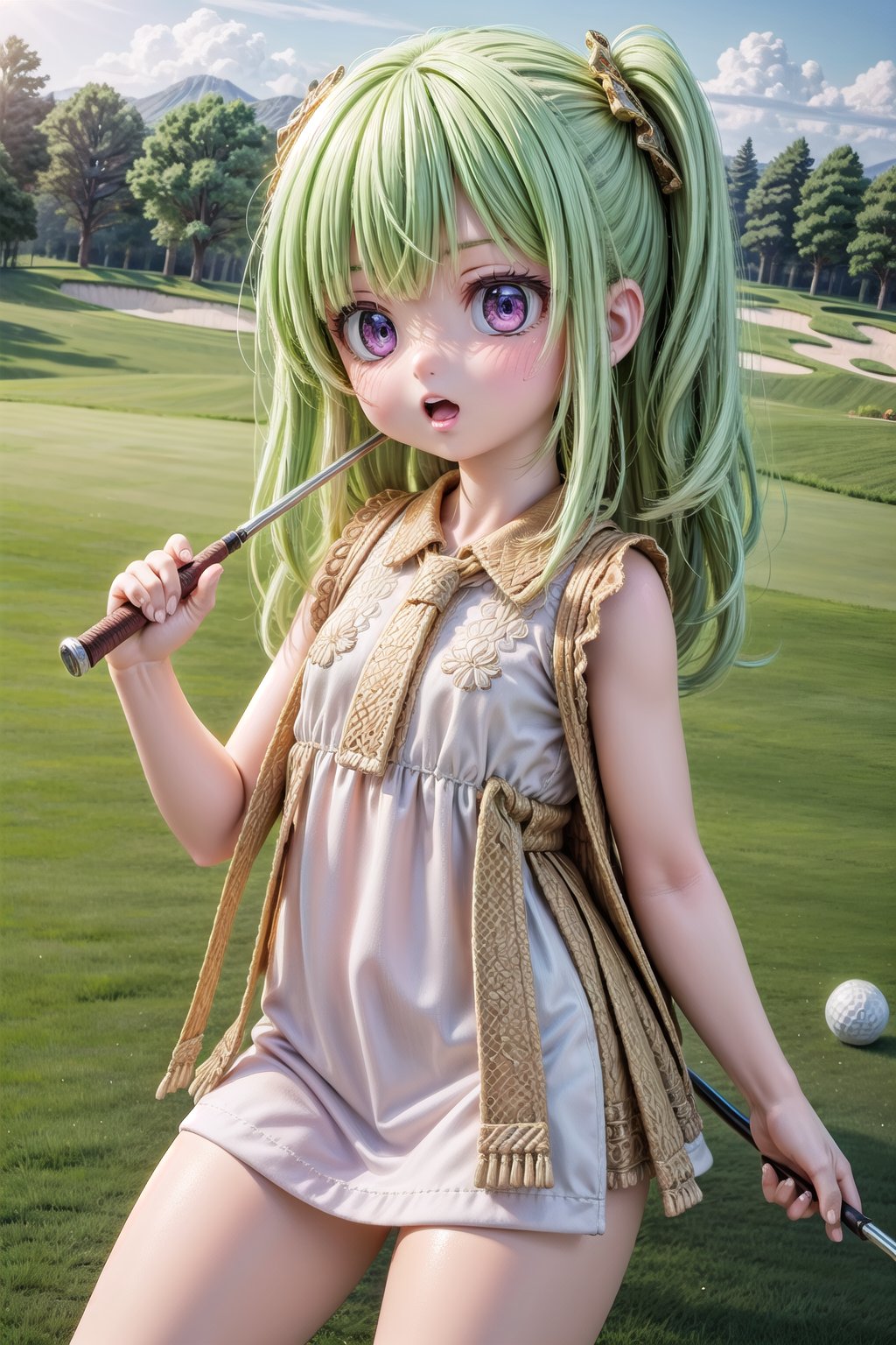 1girl, Collei_Impact, scenery, extreme adorable girl, cutie, tiny girl, purple eyes, green hair, hyper realistic, highres, photography, photorealistic scene, real life, insane detailed, in Spain, a very realistic summer day, (Collei, we are in Madrid now. Let's play a bit golf together at the golf club. Try to hold the golf club correctly!), extreme realistic facial expression on an very realistic moment, highly detailed, cutest Collei Style, wallpaper,