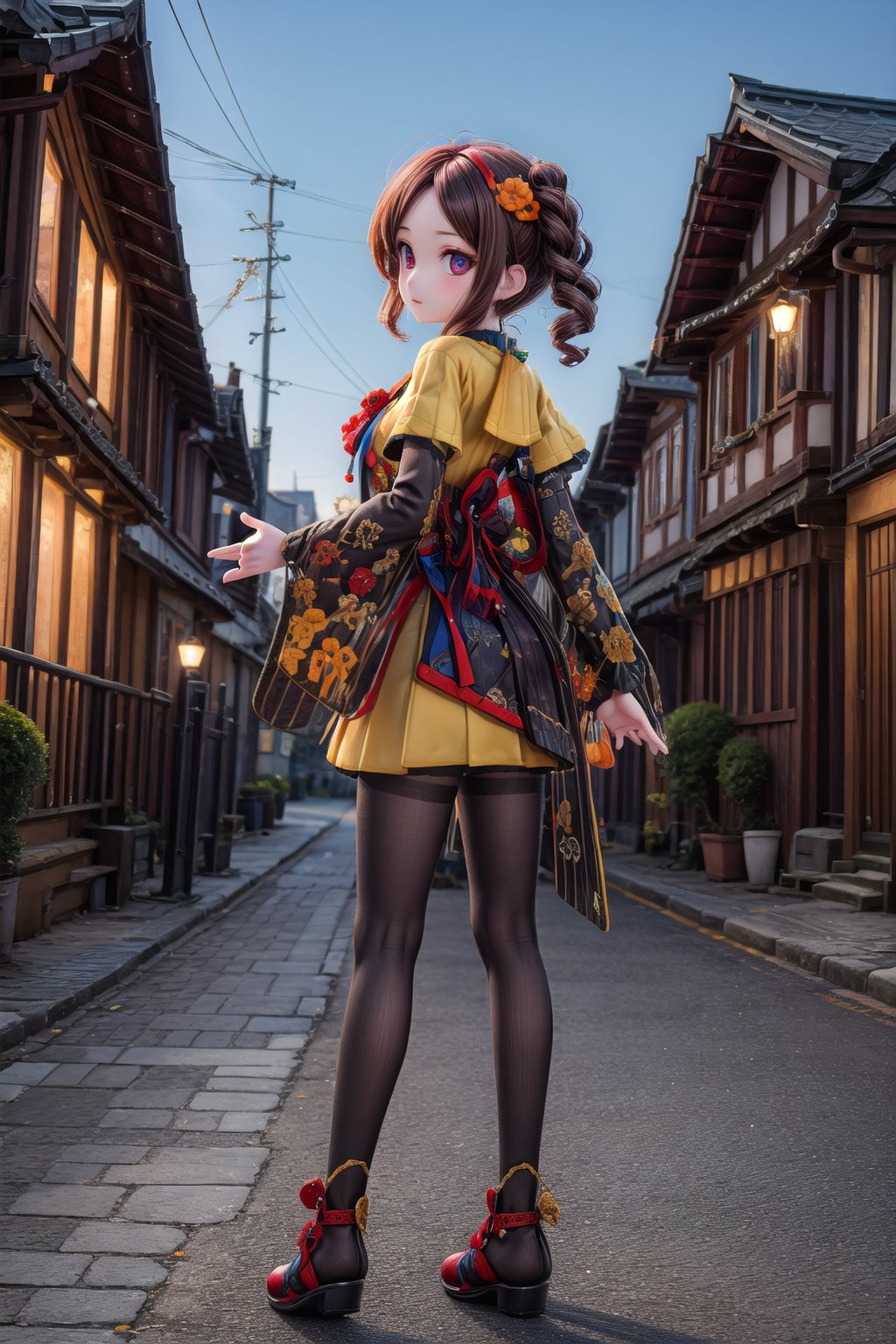 Chiori_Impact, outdoor, full_body, backside, stands in Mondstadt, show me your divine eye,