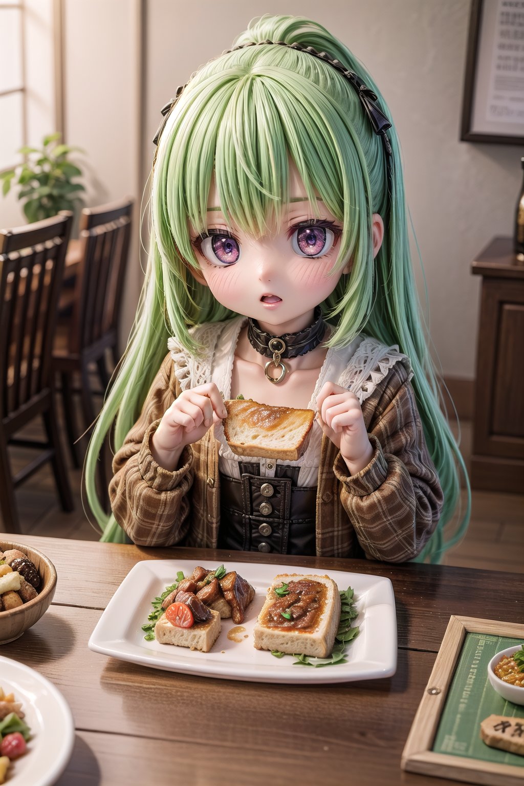 1girl, Collei_Impact, scenery, extreme adorable girl, cutie, tiny girl, purple eyes, green hair, hyper realistic, highres, photography, photorealistic scene, real life, insane detailed, in Spain, a very realistic summer day, indoor, (Collei, we are in Madrid now. Let's eat lunch together in the restaurant.), extreme realistic facial expression on an very realistic moment, highly detailed, cutest Collei Style, wallpaper,