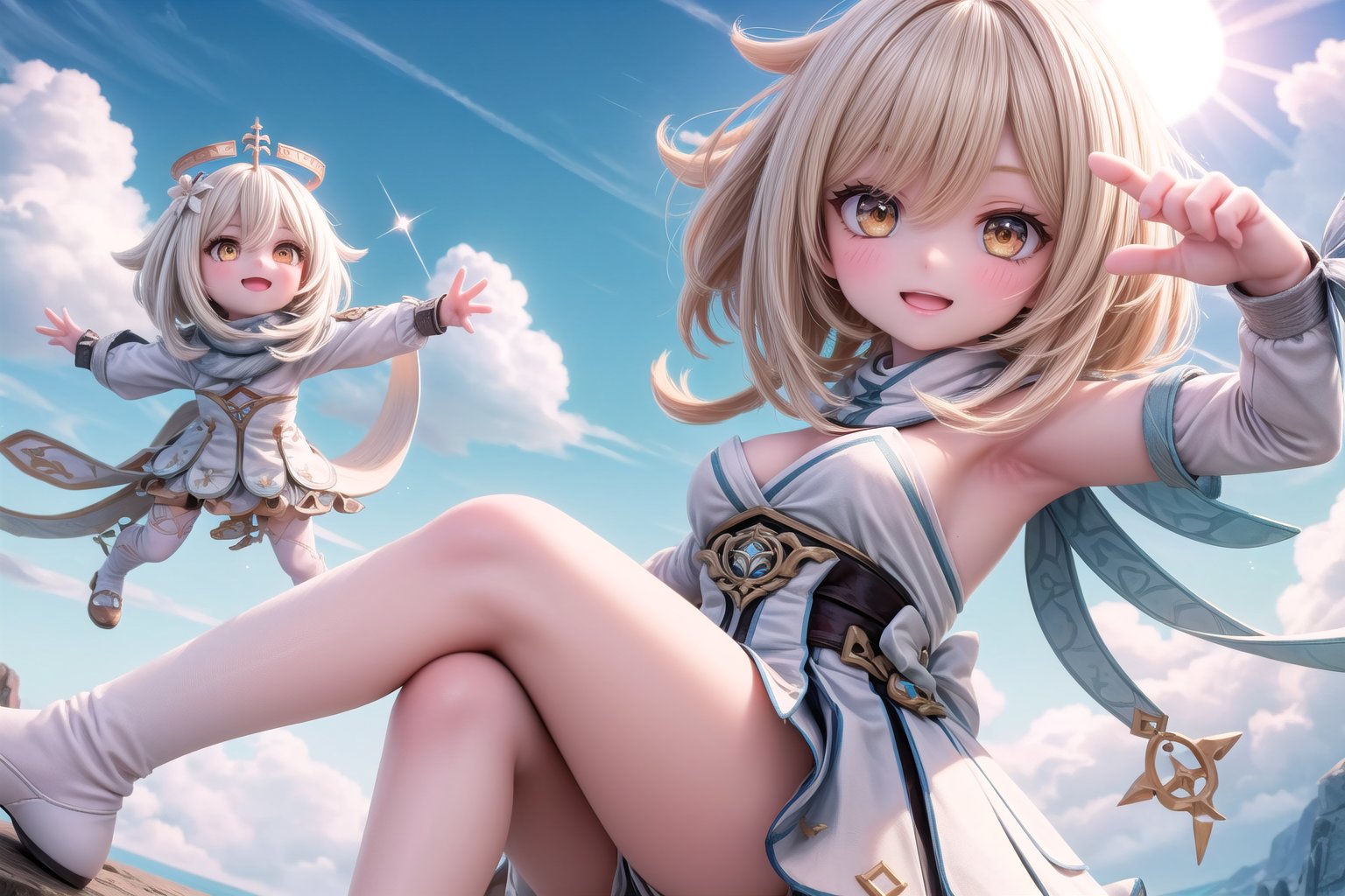 A majestic shot of Lumine and Paimon standing together on a cloud-soft precipice within the breathtaking Celestia, set against a vibrant blue sky of Genshin Impact. The duo's whimsical poses and smiling faces radiate warmth as they gaze out at the endless expanse of clouds, with the sun casting a gentle glow upon their joyful moment.