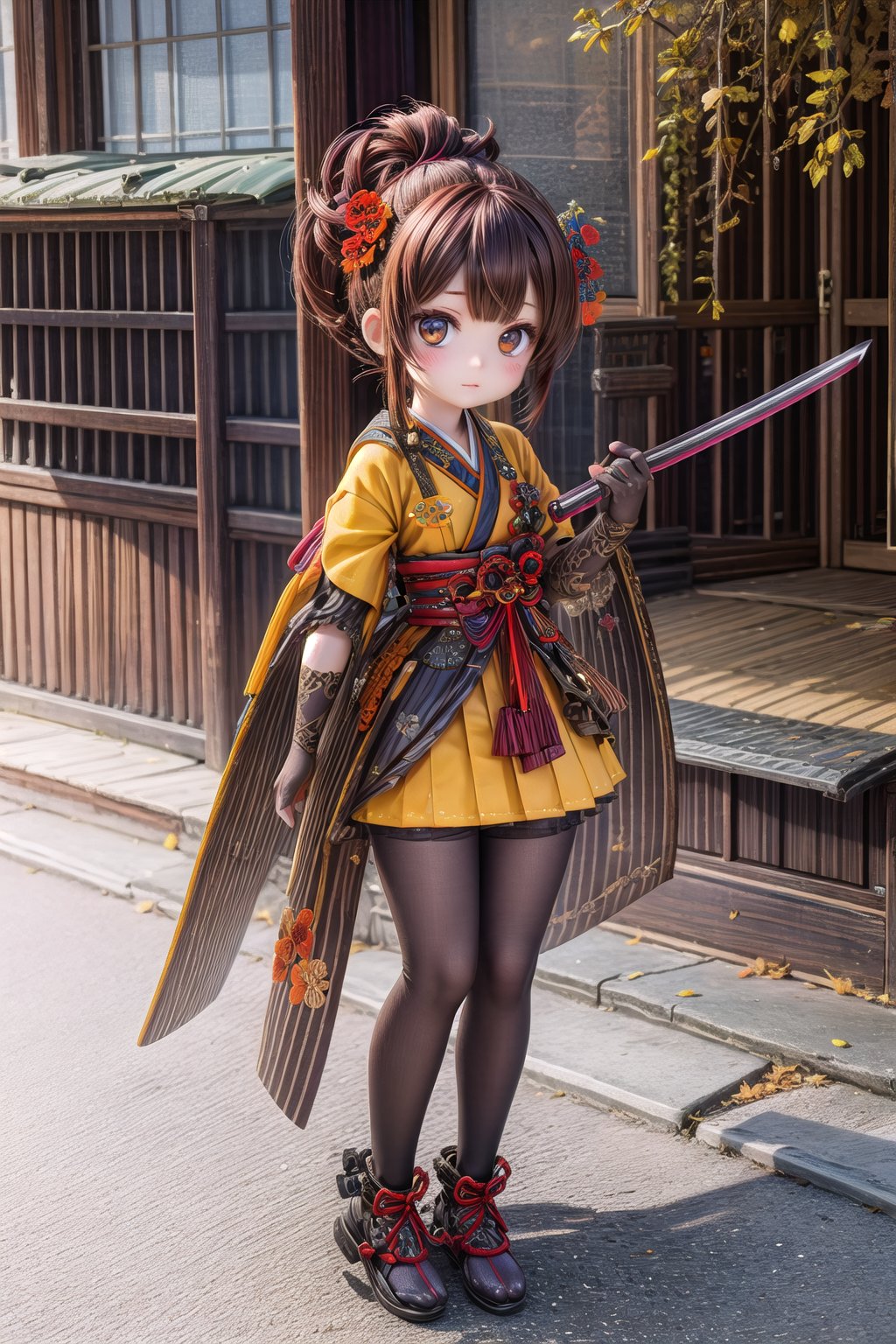 Chiori_Impact, outdoor, 1girl, solo, is located near Inazuma, shows me your katana, holding katana in right hand and holding katana in left hand, chiori style, shows me your holding katanas, bangs,