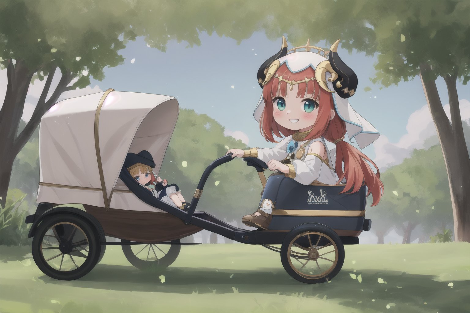 whimsical scene: Little (full body view of Niloudef) rides through the lush landscape of Teyvat in a state-of-the-art Formula 1-style high-speed stroller powered by a Formula 1 engine, putting on a mischievous expression. The warm sunlight casts a golden glow on her cheeky pose and grin as she drives past the viewer. A cloud of dust trails behind her, emphasizing the speed of the fast baby carriage. Framed by bright shades of green and blue, Niloudef's carefree joy radiates from the frame.