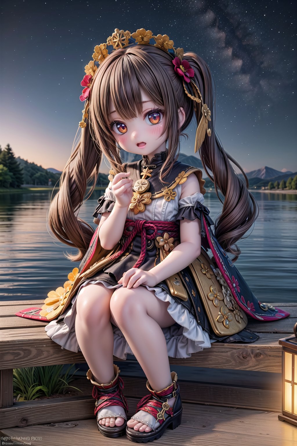 1girl, Chiori_Impact, scenery, extreme adorable girl, cutie, tiny girl, hyper realistic, highres, photography, photorealistic scene, real life, realism pushed to extreme, in Denmark, a very realistic summer night, starry sky, at night, (Chiori, we are in Denmark now. Let's look at the starry sky together at the lake.), extreme realistic facial expression on an very realistic moment, highly detailed, cutest Chiori Style,