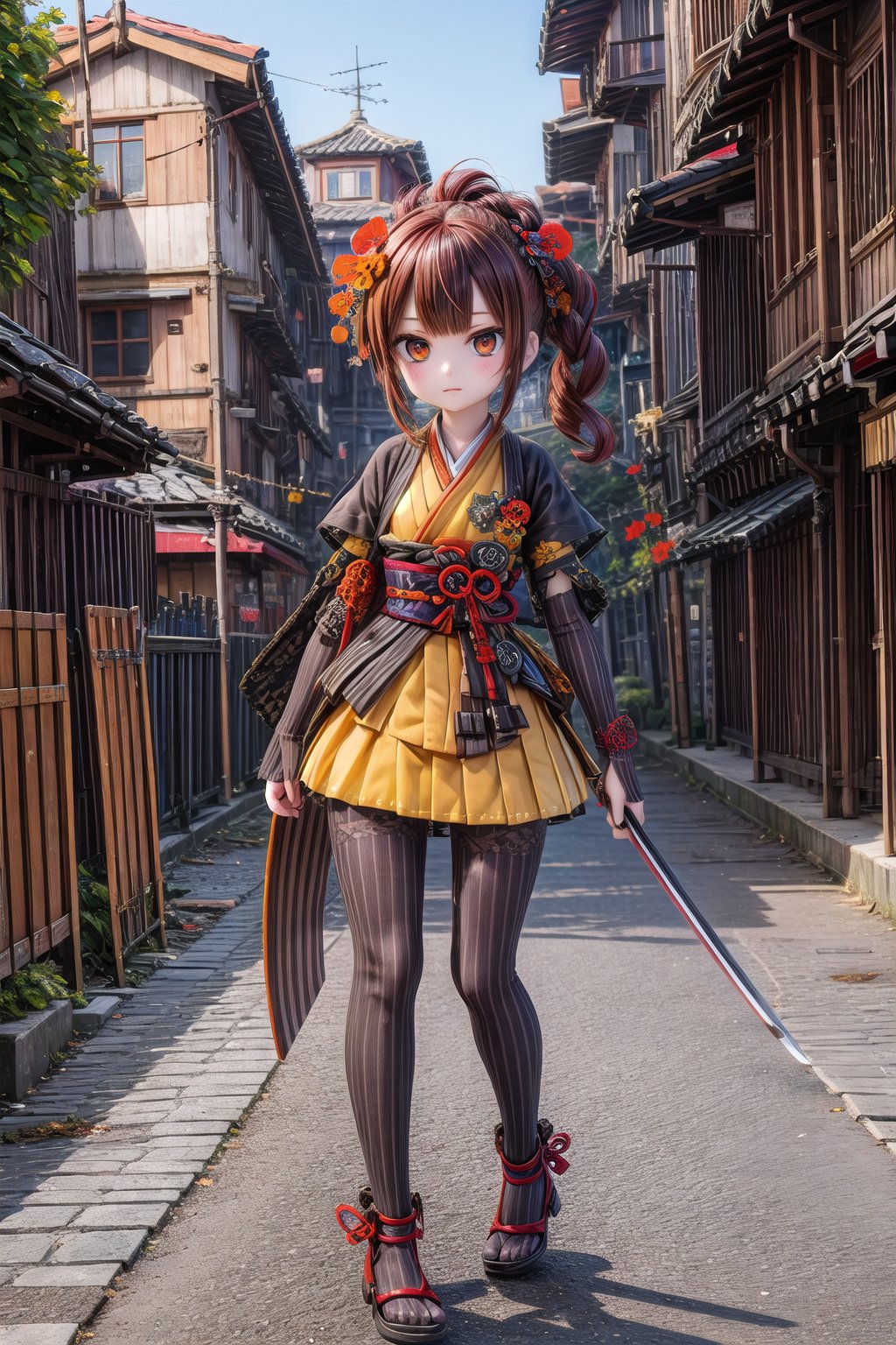 Chiori_Impact, outdoor, 1girl, solo, is located near Inazuma, shows me your katana, holding katana in right hand and holding katana in left hand, chiori style, show me your holding katanas, bangs,