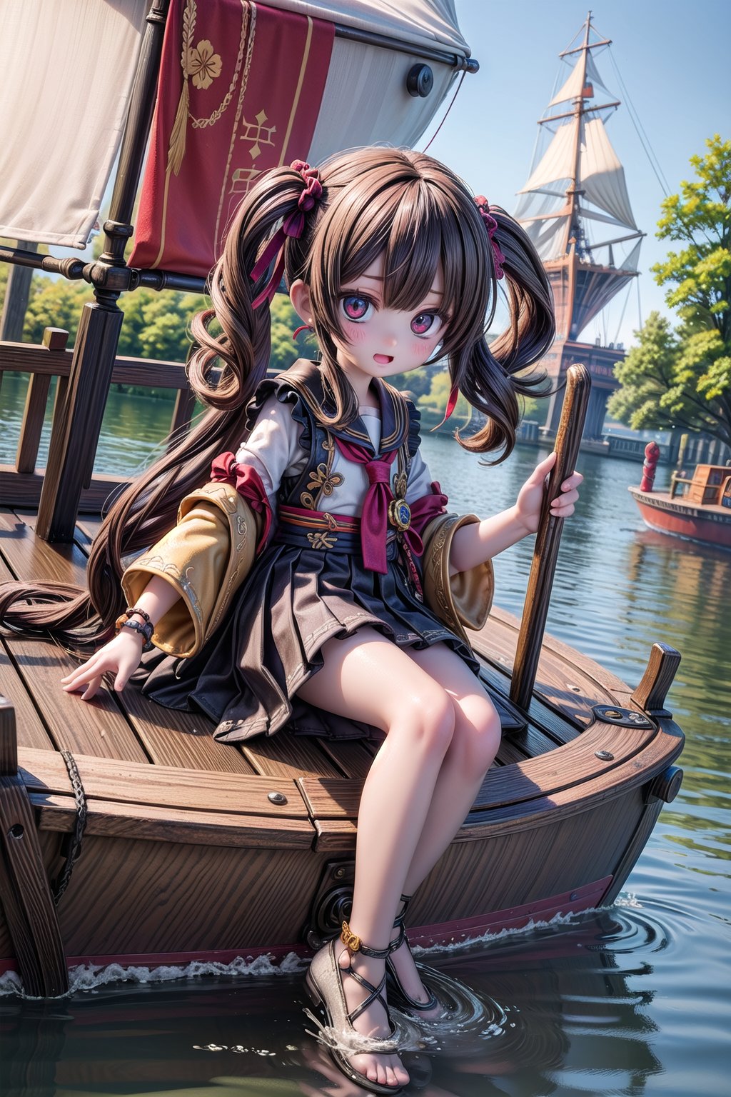 1girl, Chiori_Impact, scenery, extreme adorable girl, cutie, tiny girl, hyper realistic, highres, photography, photorealistic scene, real life, a very realistic pose, insane detailed, in Denmark, a very realistic summer day, on the lake, (Chiori, we are in Denmark. Chiori, are you afraid of water? Let's sail the lake together on the sailing boat.), extreme realistic facial expression on an very realistic moment, highly detailed, cutest Chiori Style,