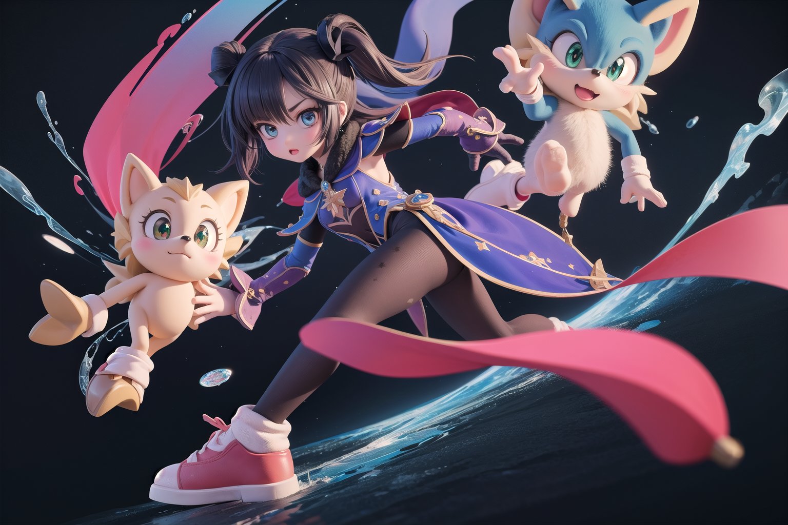 little mona (genshin impact), little (full body view of lora:mona:1), (masterpiece:1.3), best quality, HDR, 32k UHD, Ultra realistic, highres, highly detailed, ultra_hd, high resolution, ultra_detailed, hyper realistic, extemely detailed background, detailed_background, complex_background, depth_of_field, extremely detailed and complex, 1girl, cute, outdoor, little (Sonic the hedgehog), show yourself as (Sonic the hedgehog), show me your (Sonic the hedgehog) costume, creating an atmosphere in (Mobius), creating an atmosphere at (Mobius), the background is filled with smoke and destruction, spin dash, (grinding), (chaos emeralds), 