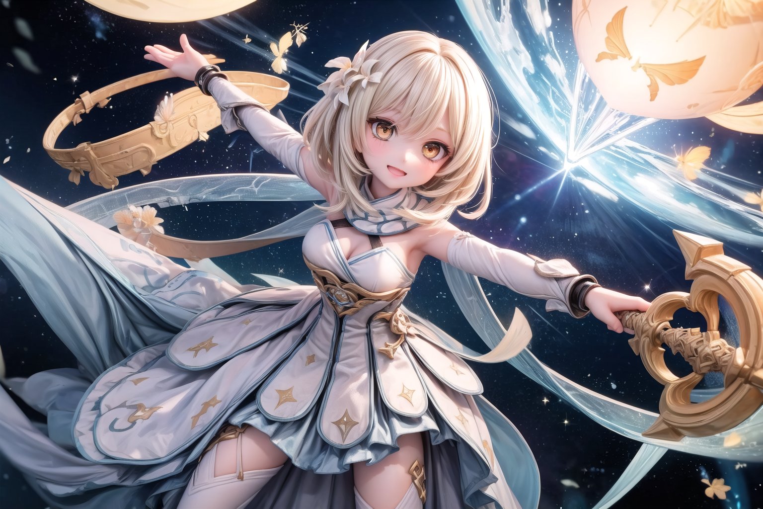 Celestian skies ablaze with ethereal light, Lumine and Paimon stand together, bathed in the radiant glow. Softly focused, their faces radiate joy and wonder as they gaze up at the star-studded expanse. The celestial landscape stretches out before them, a swirling vortex of colors and lights. Paimon's gentle smile and Lumine's carefree laughter fill the air, as the duo's bond shines brighter than any star in this whimsical, dreamlike scene.