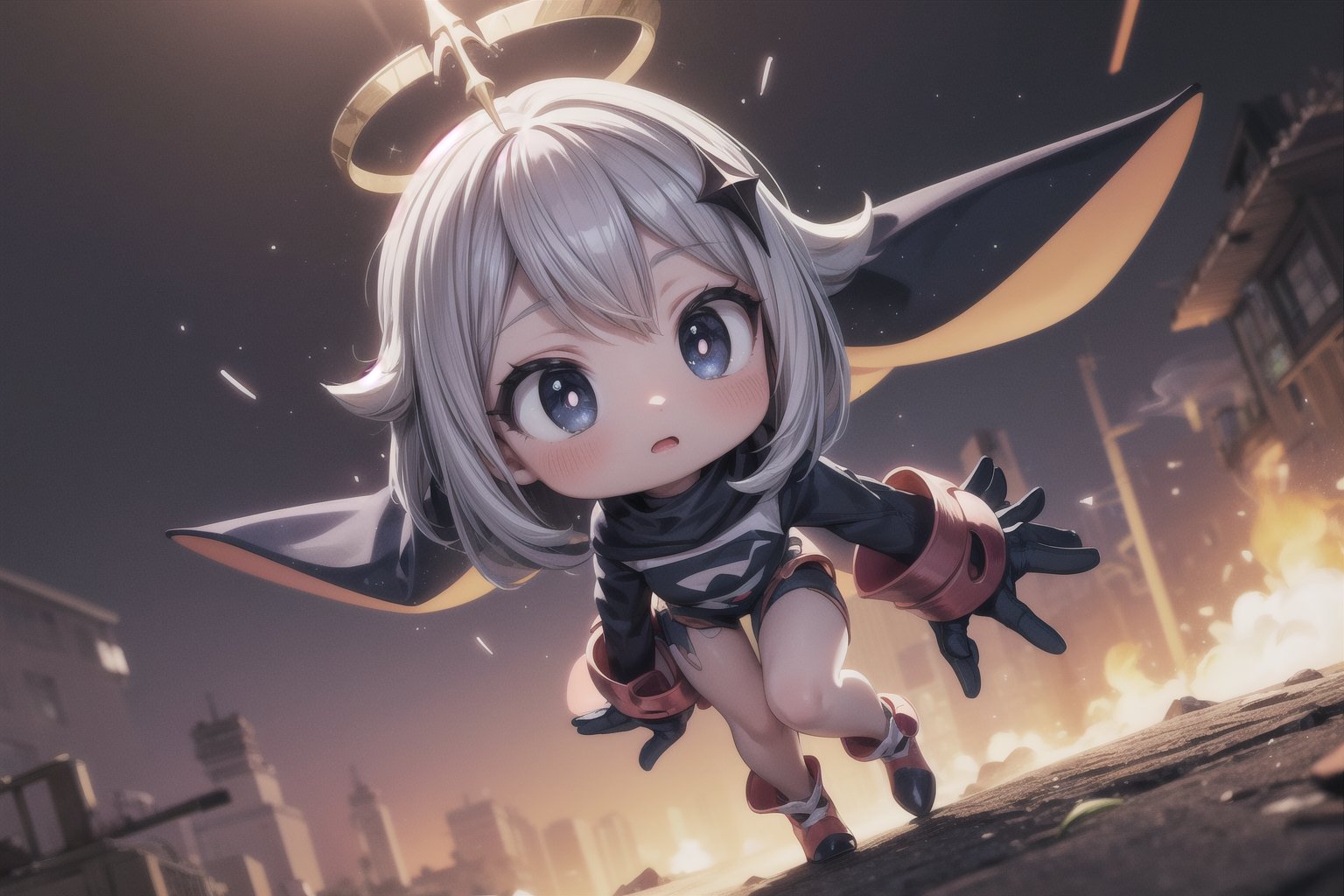 little paimondef, little (full body view of lora:paimon-000004:1), (masterpiece), best quality, HDR, 32k UHD, Ultra realistic, highres, highly detailed, ultra_hd, high resolution, ultra_detailed, hyper realistic, extemely detailed background, detailed_background, complex_background, depth_of_field, extremely detailed and complex, outdoor, little (Metal Sonic), show yourself as (Metal Sonic), show me your (Metal Sonic) costume, creating an atmosphere in Mobius, creating an atmosphere at Mobius, the background is filled with smoke and destruction,