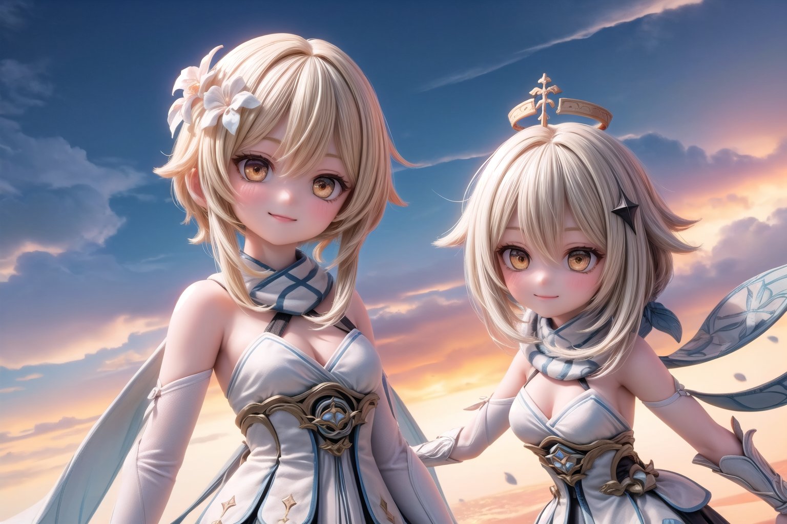 A majestic shot of Lumine and Paimon standing together on a cloud-soft precipice within the breathtaking Celestia, set against a vibrant blue sky of Genshin Impact. The duo's whimsical poses and smiling faces radiate warmth as they gaze out at the endless expanse of clouds, with the sun casting a gentle glow upon their joyful moment.