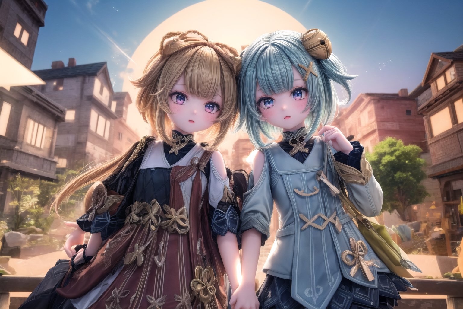 Here is a prompt for an image:

FaruzanRnD and Yaoyaodef, two sisters who have been through ups and downs together, stand hand in hand in the vibrant city of Lyiue from Genshin Impact. The sun sets behind them, casting a warm orange glow on the intricate architecture of the ancient buildings, with deep shadows adding depth and complexity to the scene. The sisters' faces are lit by the soft golden light, their eyes shining with warmth and affection as they share a moment of triumph. In the background, the city's bustling streets come alive with people going about their daily lives, while the sky above is painted with hues of pink and purple, signaling the end of another day in this breathtaking metropolis.