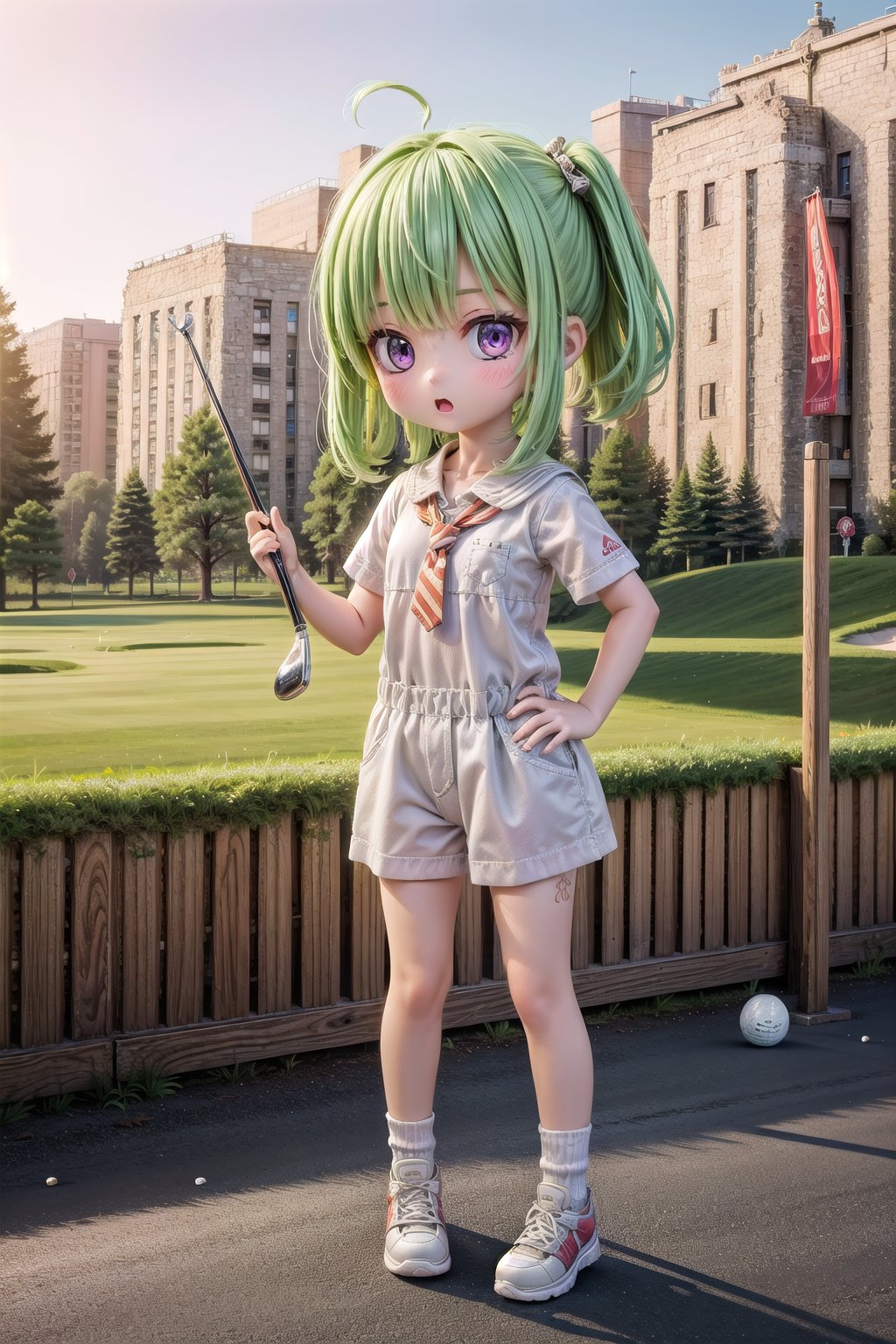 1girl, Collei_Impact, scenery, extreme adorable girl, cutie, tiny girl, purple eyes, green hair, hyper realistic, highres, photography, photorealistic scene, real life, insane detailed, in Spain, a very realistic summer day, (Collei, we are in Madrid now. Let's play a bit golf together at the golf club. Try to hold the golf club correctly!), extreme realistic facial expression on an very realistic moment, highly detailed, cutest Collei Style, wallpaper,