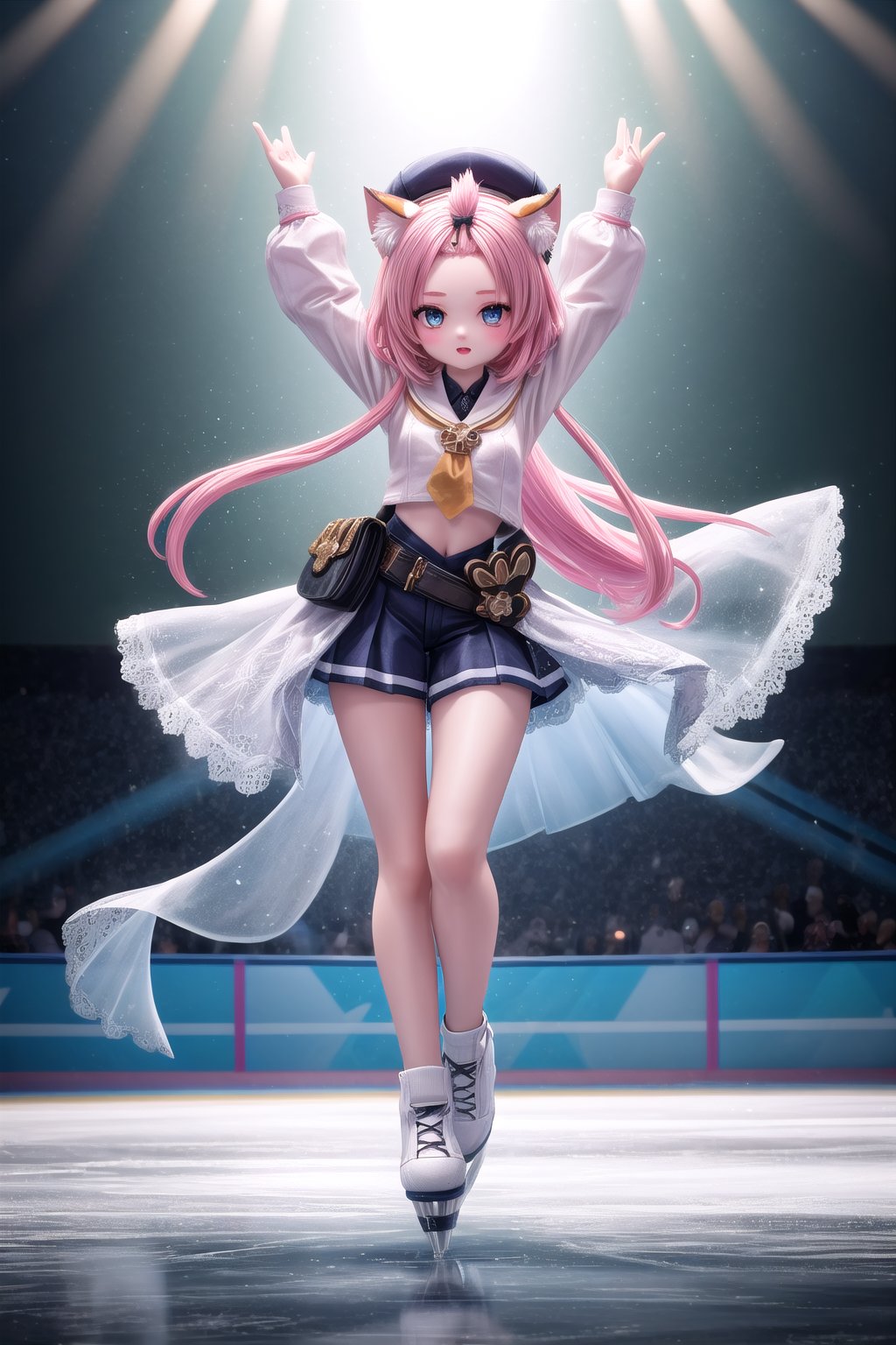 Full-body shot of Dionadef, the 'Ice Princess', standing tall in a flowing white costume, her long limbs and slender physique accentuated by the bright lights illuminating the skating rink. Her arms are stretched out to the sides, one hand grasping an imaginary bouquet of flowers, while her eyes sparkle like diamonds under the gleaming ice. (masterpiece), best quality, HDR, 32k UHD, Ultra realistic, highres, highly detailed, ultra_hd, high resolution, ultra_detailed, hyper realistic, extemely detailed background, detailed_background, complex_background, depth_of_field, extremely detailed and complex,