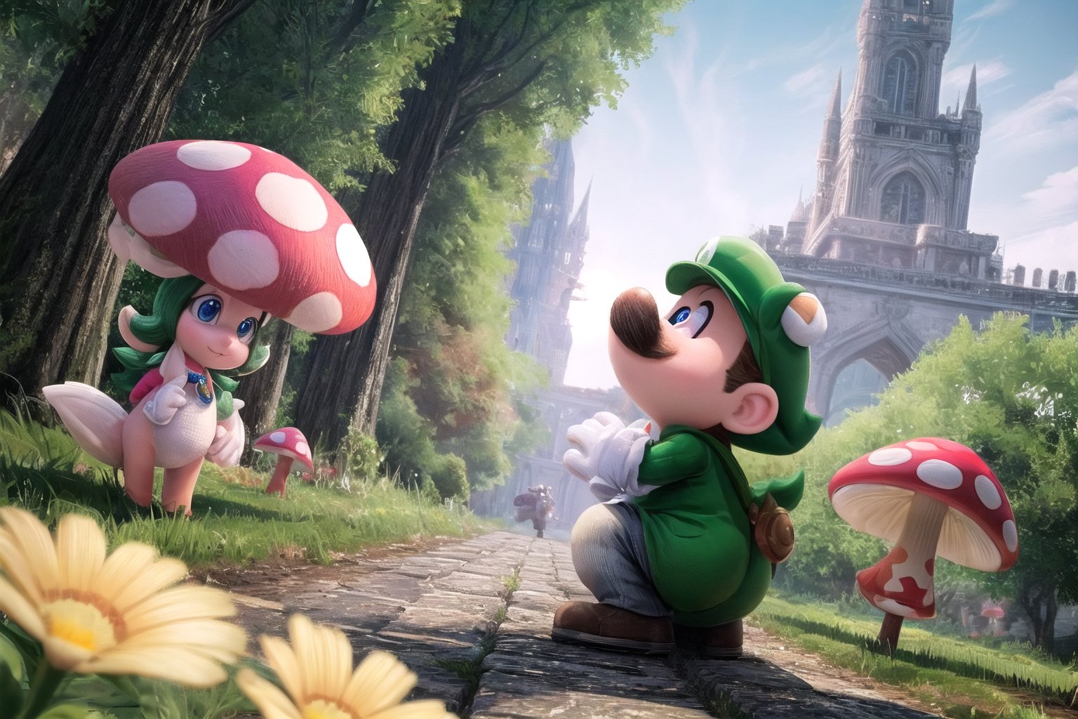 Wriothesley's Mario and Neuvillette's Luigi stand heroically back-to-back, (masterpiece), best quality, HDR, 32k UHD, Ultra realistic, highres, highly detailed, ultra_hd, high resolution, ultra_detailed, hyper realistic, extemely detailed background, detailed_background, complex_background, depth_of_field, extremely detailed and complex, outdoor, creating an atmosphere in (Mushroom Kingdom), creating an atmosphere at (Mushroom Kingdom), show me yourself with your friends (Daisy), (Yoshi), (Toad), (Princess Peach),