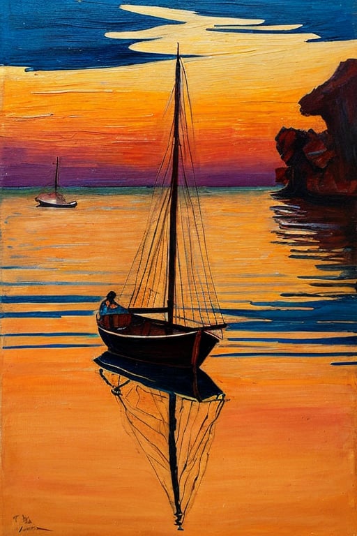 "An Art Nouveau style oil painting featuring a peaceful harbor scene. The artwork includes fine ink lines, liquid ink effects, paint splashes, and dynamic painting techniques with transparency. The scene focuses on a detailed close-up of a graceful small sailboat anchored in a calm harbor at sunset. The boat is shown with intricate details and sharp, realistic lines against a backdrop of tranquil waters and a setting sun. The art is depicted on vintage, cracked paper with tiny, beautiful, and magical details, evoking a sense of peace and nostalgia. The composition showcases detailed textures, high quality, high resolution, and high accuracy, with realistic color correction and proper lighting settings for a harmonious composition."