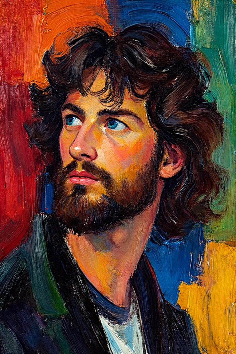 "(masterpiece, ultra-high resolution, sharp focus, crystal clear details, vivid textures, high clarity, defined edges, ultra-sharp textures, subsurface scattering, while the background remains softly blurred and less defined), A Fauvist-style close-up portrait painting inspired by 'Study of Two Heads' by Peter Paul Rubens, focusing on a single male figure with long, curly, dark hair and a full beard, gazing upward with an intense expression. The style reflects August Macke's vibrant Fauvism, with bold, saturated colors, expressive brushstrokes, and a dynamic, abstract approach. Bright hues of red, blue, orange, and green replace the traditional earth tones, while the face and hair are defined by colorful, lively strokes. The background is filled with bright contrasting colors, further enhancing the vivid, emotional impact of the scene."