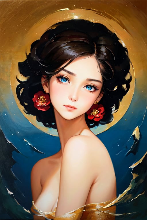 (masterpiece), "Oil painting of a beautiful girl with a delicate, three-dimensional face and exquisite facial features. (Heavy, textured, impasto brush strokes:1.2). She has elegant, intricate makeup and her hair is styled in a bun. She is wearing luxurious palace clothes adorned with elegant and exquisite accessories, exuding a fairy-like aura. The scene is highlighted by delicate peony brush strokes in bright colors. There are circling air flows and beautiful, self-luminous water ripples that complement dark magical details. The composition features strong, high-end lighting with complex contrast, colorful light and shadow effects, and museum-style lighting. The overall work is of the highest quality, resembling a masterwork with meticulous brushwork, story-like lens composition, and glowing particles in the air. The background is black, enhancing the fantasy atmosphere with ultra-realistic, high-definition details. The girl's face and eyes are beautiful and realistic, with clean, flawless skin. The scene features a golden ratio, with influences from Asian Artistry, photorealistic quality, 8k, UHD."