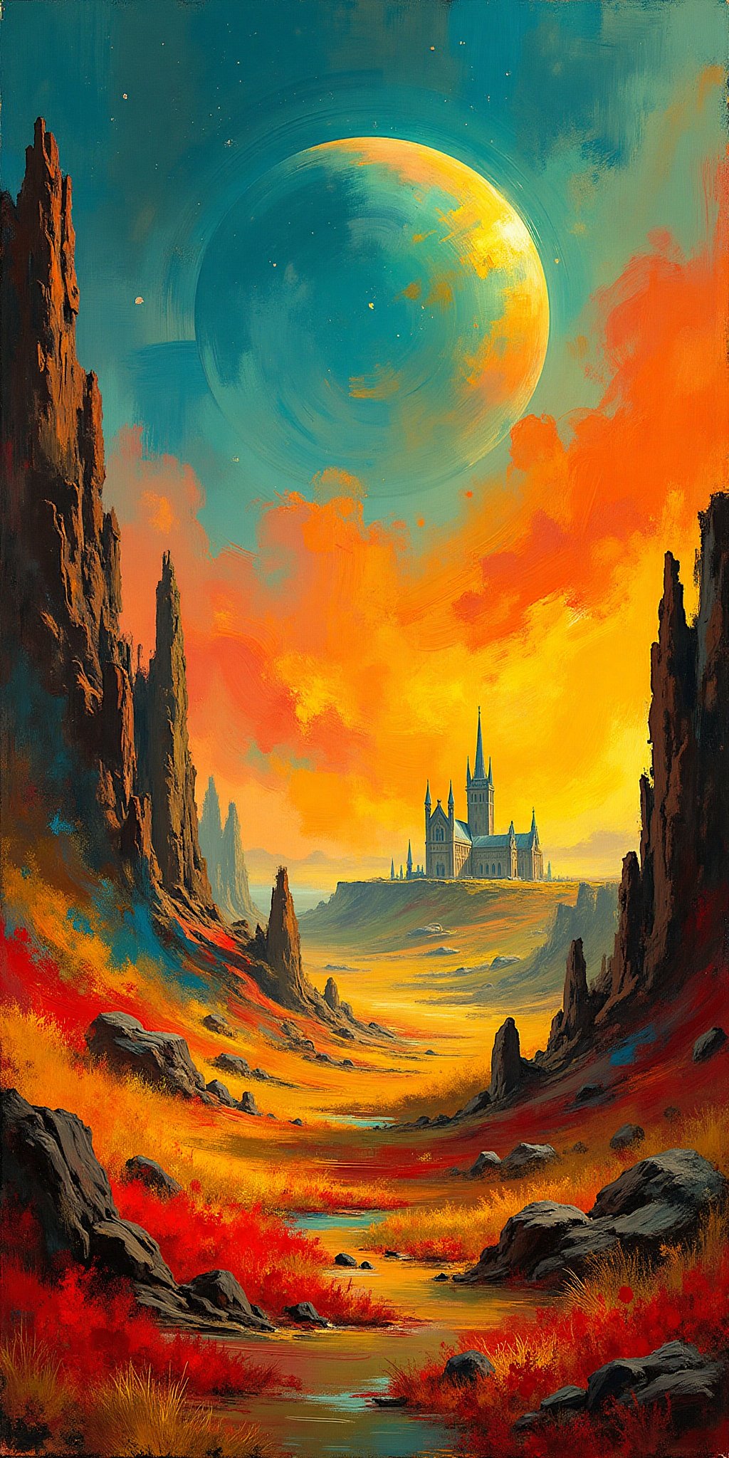 The image captures a breathtaking alien landscape bathed in vivid,  saturated hues of orange,  red by Civet154 on Tensor.Art