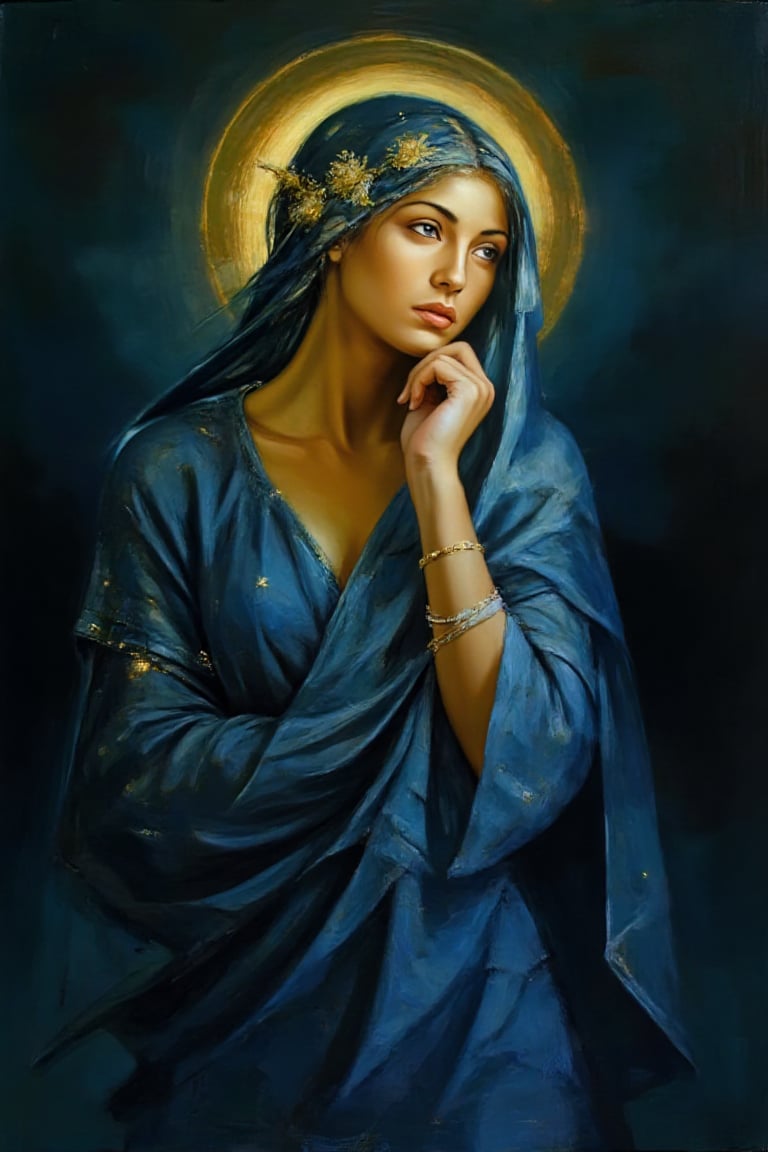 (masterpiece, ultra-high resolution, sharp focus, crystal clear details, vivid textures, high clarity, defined edges, ultra-sharp textures, subsurface scattering, while the background remains softly blurred and less defined), a serene woman standing in a dark, starry night, draped in a deep midnight blue gown with delicate stars scattered across the fabric. Her expression is thoughtful, and she has a gentle, contemplative pose, with one hand raised gracefully toward her face. Adorning her hair is a wreath of flowers, glowing softly under the warm light of a halo behind her head. The flowers add a delicate, ethereal touch, blending with the gentle illumination from the halo. The background is a gradient of dark blues and shadows, softly blurred to enhance the focus on the woman, creating a dreamlike atmosphere with soft light and shadow contrasts.