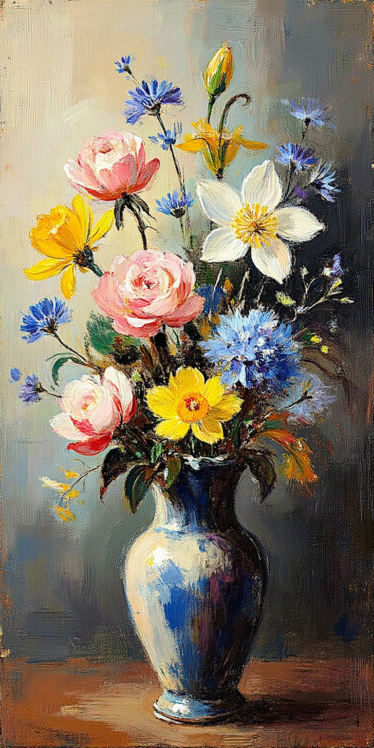 "A religious painting in a hybrid impressionist and expressionist style, depicting a bouquet of assorted flowers, including pink roses, yellow daffodils, white lilies, blue hydrangeas, and small violet wildflowers. The flowers are arranged in two distinct vases: one a simple white ceramic vase, and the other a darker, deep blue pitcher that stands out against a dark, lightly textured background. Adjust the background to have a muted yet contrasting tone, with gentle earthy shades of beige and soft greys to provide a clear separation from the vivid floral arrangement. The background should have soft brushstrokes that add depth without overpowering the focal bouquet, enhancing the spiritual and serene atmosphere."