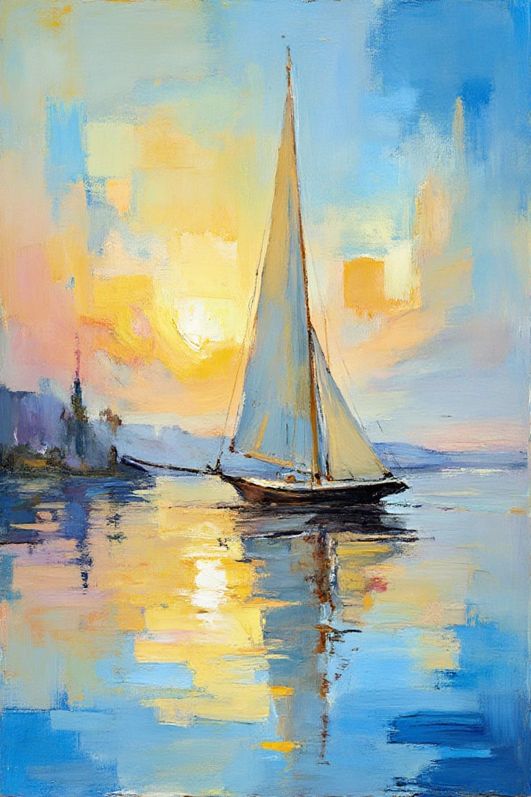 "Create a blend of impressionism and abstract expressionism, where a weathered sailboat is the central focus in the foreground, depicted with sharp, impressionist detail to highlight its tattered sails and worn hull. The lighting should feature a soft, muted sunset, casting gentle reflections across the calm water. The sunset colors should be less vivid, with softer yellows, oranges, and pinks blending smoothly into the sky, creating a more diffused and serene atmosphere. The background should transition into an abstract, painterly environment with loose brushstrokes, suggesting the presence of other boats and shadowy forms without overwhelming the sailboat. The reflections on the water should be subtle, with the sunset's colors blending seamlessly into the surface, but toned down to emphasize a peaceful, calm mood. The color palette should balance the muted sunset tones with cooler blues in the water and sky, adding depth and contrast while maintaining the tranquil feeling. Overall, the composition should evoke quiet solitude and subtle beauty, with the interplay of light and color adding depth and emotional resonance."