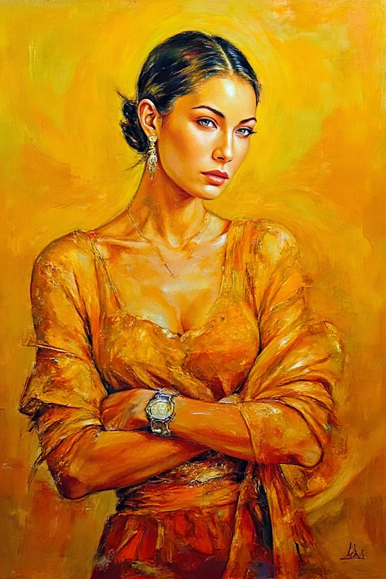 "In the style of Baroque art.", "Create an Encaustic Painting, with heavy, visible brushstrokes.", "(close up, The subject should be a tall, skinny supermodel wearing haute couture clothing and designer jewelry, soft gaze, eyes following:1.2)", "Use warm, vibrant colors with a focus on reds, oranges, and yellows. Use a mix of abstract and realistic elements. Make it dynamic and energetic, with a strong sense of movement. Incorporate themes and symbolism, related to nature and human experience. Use visible brush strokes and textures. Make it evocative, with a strong emotional and atmospheric presence., Ensure the scene is in sharp and clear focus., UHD, 8K"