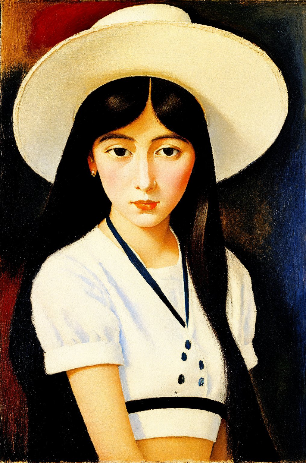 "Create a painting in the style of synthetism, Émile Bernard, and Paul Sérusier. Feature a young woman with dark hair, white hat, the aesthetic considerations of line, color, and form, and emphasize figurative art. Use fully saturated colors.", sks style