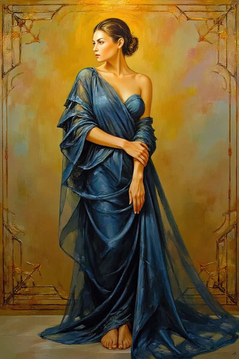 In a hybrid style combining Karol Bak's fine art oil painting with the elegance of Art Deco, this full-body composition showcases a classically styled figure standing in a poised and introspective stance. The subject is elegantly dressed in a flowing, deep blue fabric that drapes down to the floor, rendered with bold, dynamic brushstrokes typical of Karol Bak's expressive technique. The fabric flows fluidly around the figure, contrasting with the subject’s pale, glowing skin, depicted with a soft, radiant quality and warm undertones. The face and arms are in sharp focus, with crystal-clear details and vivid textures, ensuring the facial features and skin are highly defined and striking. The figure is standing tall, with an elegant, refined posture, and the details of the body, from the head to the feet, are carefully balanced with dynamic lighting that originates from the upper left, casting dramatic shadows across the subject’s features. The subject’s hair is styled in an Art Deco-inspired updo, with subtle golden highlights catching the light. Geometric, metallic Art Deco elements are integrated into the background and the floor, featuring symmetrical, bold designs in gold, silver, and muted tones, providing a structured contrast to the loose, flowing fabric. The background is a blend of rich Karol Bak-inspired colors—deep carmines, warm ochres, and Prussian blues—merged with the intricate, geometric lines of Art Deco, creating both depth and texture. The subject stands on a sleek, reflective surface typical of Art Deco interiors, adding to the sense of luxury and refinement. The overall scene balances the fluidity and opulence of Karol Bak’s palette with the elegant geometry and sophistication of Art Deco, creating a mood of contemplation and timeless beauty.