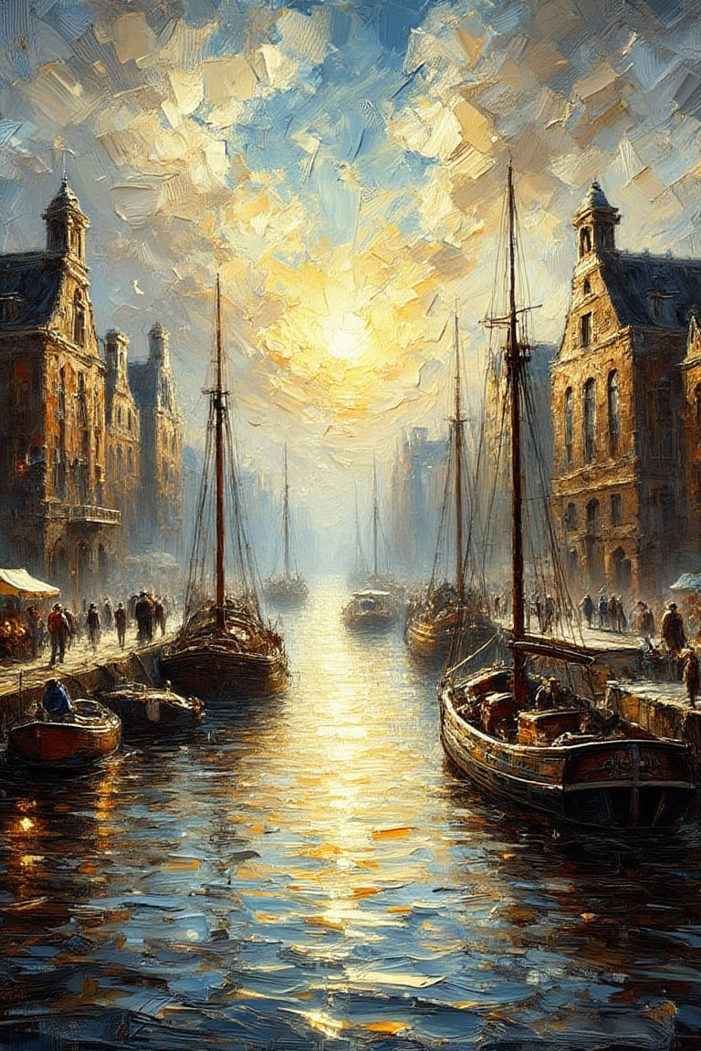 "A dramatic Baroque depiction of the 'View of Delft,' capturing the vibrant energy of the historic cityscape in mid-morning light. The scene is bathed in bright, natural sunlight, with strong contrasts of light and shadow created through chiaroscuro techniques. The buildings and waterways are rendered with intricate detail, their textures highlighted by the rich, warm tones of the morning light. The bright sky is filled with soft, billowing clouds, illuminated by the sun, casting a radiant glow over the scene. The reflections in the water are painted with smooth, blended transitions, emphasizing the clarity of the daylight. The overall composition is filled with depth and atmosphere, showcasing the beauty of Delft under a luminous, mid-morning sky in a richly detailed and realistic Baroque style."