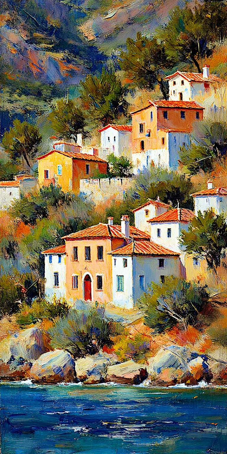 "Cluster of rustic Mediterranean hillside villas with warm orange and white stucco walls, red-tiled roofs, nestled among lush green trees and rocky terrain, overlooking calm blue waters. Sunlit, natural shadows, mountainous background."