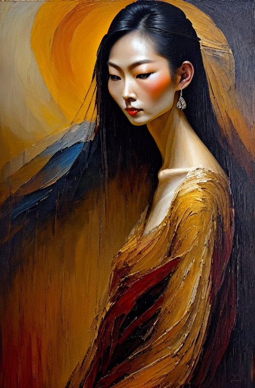 Create a fine art oil painting of a young, tall, skinny, beautiful asian supermodel, designer jewelry, use textured impasto brush strokes, high level of sharpness, making features clear and distinct, clean, defined edges, civetartstyle