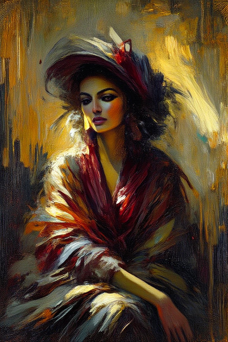 "A fine art oil painting with broad brush strokes depicting a solitary elegant supermodel embodying themes of loneliness and desperation. The artwork features minimalistic elements, using a rich Baroque color palette, with deep burgundy, gold, and dark olive tones. The scene is illuminated with dramatic chiaroscuro lighting, casting strong contrasts of light and shadow to enhance the emotional intensity. Realistic reflections and detailed shadows add depth and realism to the scene. Inspired by the eerie and haunting style of Stephen Gammell, the painting captures an unsettling, atmospheric mood with a sense of grandeur and depth. The final image should have HDR and 8K resolution for exceptional clarity and detail."