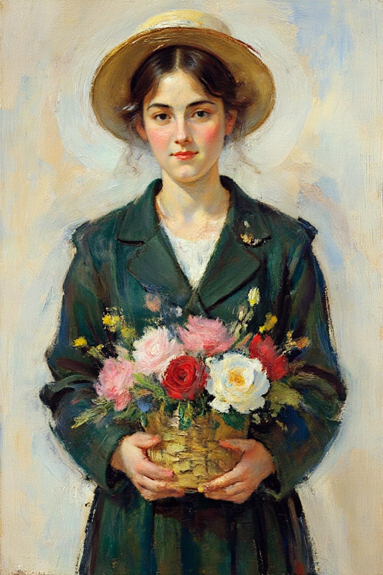 "A realistic portrait painting in the style of Aukusti Uotila, depicting a young woman holding a basket of roses. The woman has short, dark hair and is wearing a dark green dress with a subtle floral brooch. She wears a straw hat, slightly tilted, with a warm, kind expression on her face. Her basket is filled with a variety of roses in soft pinks, reds, and whites. The background is neutral, with soft, muted tones that emphasize the subject's gentle presence. The painting is rendered in smooth, detailed brushstrokes, capturing both the texture of the fabric and the delicate petals of the flowers, giving it a natural and lifelike quality."