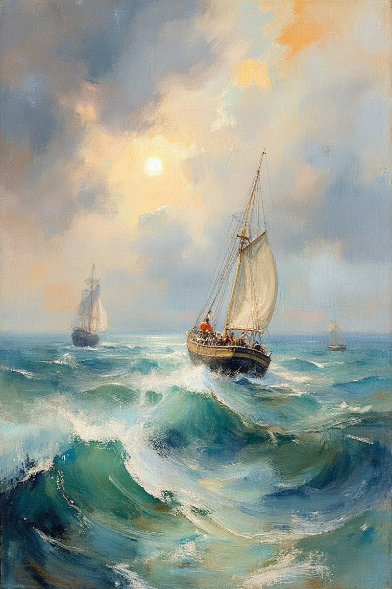 "A medium shot of a boat with sailors struggling against rough seas, set against a stormy sky. The boat is placed closer to the foreground, navigating through choppy waves, with visible sailors working hard against the sea. The sea is in muted tones of blue, green, and gray, with dynamic waves breaking around the boat. The sky is stormy, filled with dramatic clouds in shades of gray and beige, with subtle sunlight breaking through. In the distance, additional ships are visible on the horizon, slightly blurred by the misty atmosphere. The lighting is soft and diffused, contributing to the stormy atmosphere. The style of the painting is watercolor, with visible washes, soft brushstrokes, and delicate, transparent textures in both the sky and sea. (masterpiece, ultra-high resolution, sharp focus, crystal clear details, vivid textures, high clarity, defined edges, ultra-sharp textures, subsurface scattering, while the background remains softly blurred and less defined)."