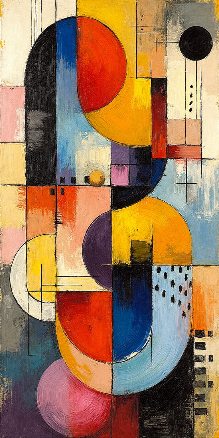 "Abstract, surreal composition inspired by Paul Klee, featuring layered geometric shapes and organic forms arranged to create a harmonious balance. A central structure with vibrant, overlapping shapes in yellow, red, blue, and purple, with darker, more defined shapes in the foreground and softer, blended shapes in the background. Thin black lines, concentric circles, and checkerboard patterns interweave to add a sense of rhythm. Hierarchical placement and value contrast give depth, with foreground elements more saturated and background elements fading in pastel tones. The composition is balanced with careful use of color contrasts, curved and angular lines, and layered shapes. Create a dreamlike, whimsical atmosphere with soft textures and implied perspective, capturing the abstract surrealism of Klee's style."