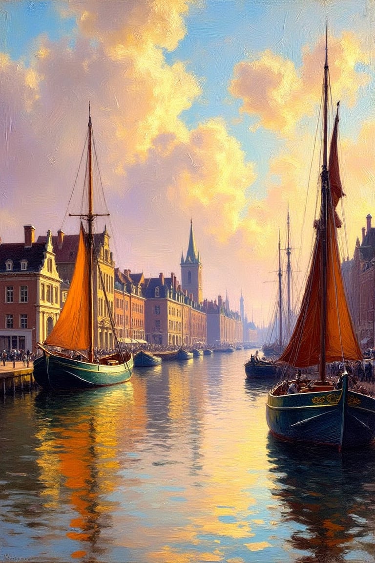 In an Impressionist style with increased impasto brushstrokes, the scene is a reinterpretation of 'The View of Dordrecht.' The famous Dutch town of Dordrecht is depicted from the river Merwede, with the skyline of the town, its church towers, and traditional buildings softly outlined in the distance. The water of the river flows calmly, reflecting the golden hues of a late afternoon sky, painted with thick, textured impasto strokes. Sailboats and ships rest along the river, their sails catching the gentle breeze, rendered with bold, layered strokes. The clouds in the sky are painted with rich, textured brushstrokes, blending into warm tones of orange and pink. The increased impasto adds depth and texture to the scene, capturing the tranquility and harmony of the moment in a tactile, expressive style.