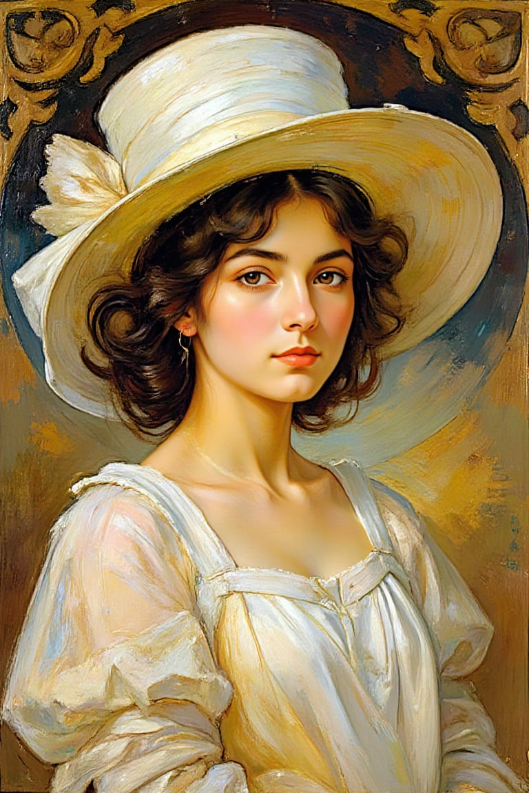 "(masterpiece, drop_shadow, subsurface scattering), oil painting, portrait, hybrid of Karol Bak and Alphonse Mucha style, intricate linework, flowing shapes, soft but vibrant colors, in the style of the High Renaissance and Raphael, A young woman with dark hair, wearing a white hat, delicate and elegant features, surrounded by ornate details and decorative elements, impasto brush strokes, glowing highlights, stylized with Art Nouveau influences."