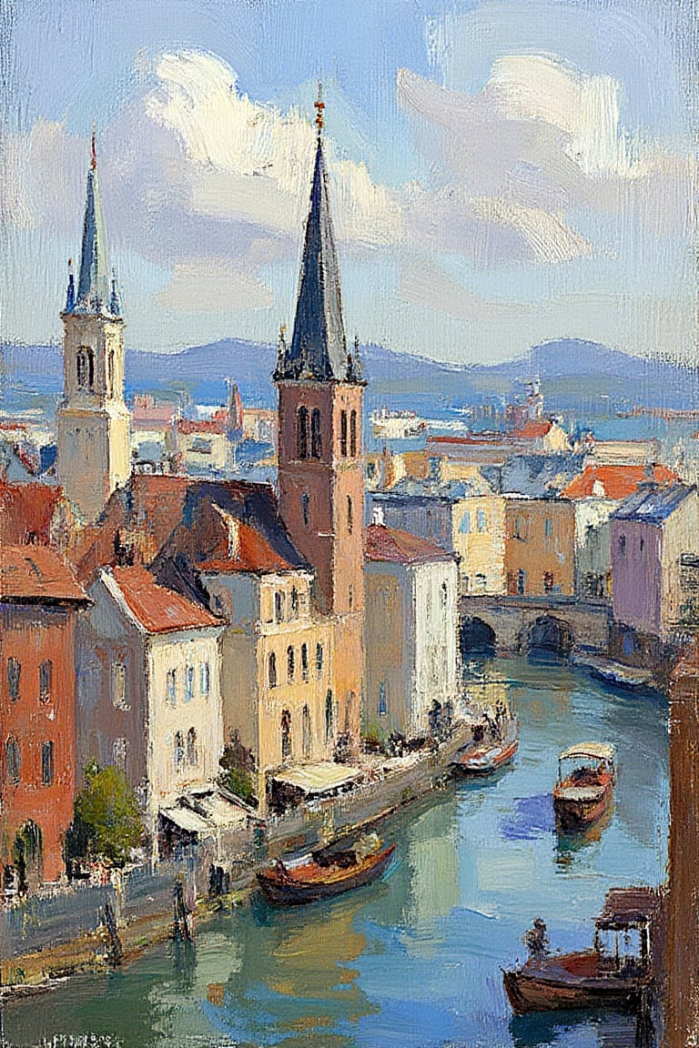 "An impressionist-style urban landscape painting featuring sharp and well-defined central buildings with distinct architectural details. The foreground should showcase clear and vivid structures, with textured, sharp edges, while the distant background, including the river and skyline, remains softly blurred. The central spire and adjacent buildings must be rendered with crystal-clear details and vivid textures. The painting uses a soft, atmospheric light with earthy tones of brown and beige for the buildings, contrasted with cooler blues and purples in the sky and water. The urban scene captures a peaceful, tranquil mood with loose, painterly strokes in the background but ultra-sharp textures and defined edges on the key architectural elements. The boats and small figures should have defined shapes but retain a slightly impressionistic style.", "(masterpiece, ultra-high resolution, sharp focus on the central buildings and structures, crystal clear details, vivid textures, high clarity, defined edges, ultra-sharp textures, subsurface scattering on the buildings, while the background remains softly blurred and less defined)"