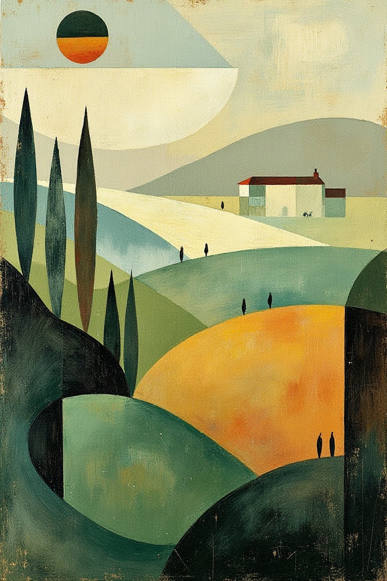 "An abstract, surreal landscape inspired by Paul Klee, depicting an expansive countryside view with tall trees, fields, and distant figures. Render the scene using layered, overlapping shapes to create a sense of depth, with defined, darker shapes for the foreground trees and field details and softer, lighter forms for the background fields and sky. Employ hierarchical placement and value contrast to enhance the perception of depth and implied perspective, with gradual shifts in color intensity as the scene recedes into the background. Use a palette of muted greens, warm earthy tones, and soft sky blues to evoke a harmonious and contemplative atmosphere. Integrate rhythmic brushstrokes and abstract lines to capture the fluidity of nature, ensuring the composition feels balanced and dreamlike, echoing Klee’s signature surreal, layered approach."