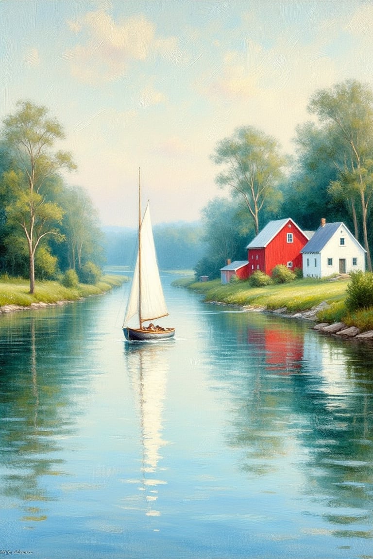 In an Impressionist style, the scene depicts a small sailboat gliding gently through a calm, slow-flowing river. The river is smooth and tranquil, with soft ripples that reflect the sailboat's white sails and the sky above. On the opposite riverbank, a white house and red barn are nestled among trees, their bright colors softly mirrored on the water’s surface. The brushstrokes are delicate and flowing, capturing the peaceful movement of the river and the quiet atmosphere. The sky is a soft blend of blues and whites, adding to the serene and harmonious setting, with the sailboat peacefully drifting in the center of the calm, slow-moving river.,In the style of Impressionism.