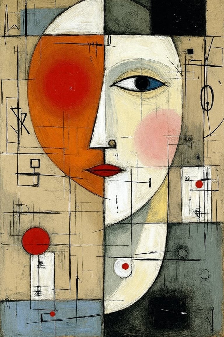 "An abstract, surreal portrayal of a serene woman with stylized facial features, rendered in the style of Paul Klee. Use layered shapes and overlapping forms to create depth, with darker, more defined elements in the foreground and softer, blurred shapes in the background. The woman’s face and jewelry are subtly detailed, set against a muted, softly textured background. Emphasize contrast in value for depth, utilizing warm earth tones and cool blues to establish harmony. Employ hierarchical placement to give the illusion of perspective, ensuring a balanced composition reminiscent of Klee’s layered and dreamlike style.",  "Random abstract symbols and linework scattered throughout the composition, in thin, scratchy, black and white lines. Small circular accents in white and red add contrast. Faded geometric squares and a large rectangle of subtle, dark color at the bottom."