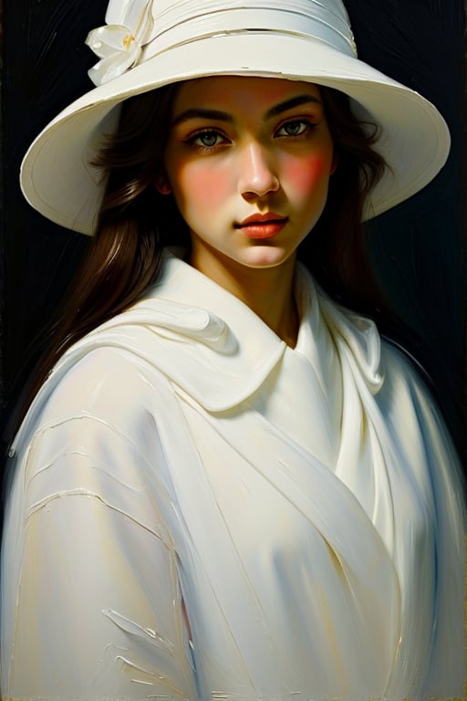 (masterpiece), Create a painting in the style of Raphael and High Renaiissance. Feature a young woman with dark hair, white hat, the aesthetic considerations of line, color, and form, and emphasize figurative art. Highly detailed face with straight, beautiful nose, clear, beautiful eyes, and smooth skin. Use fully saturated colors."