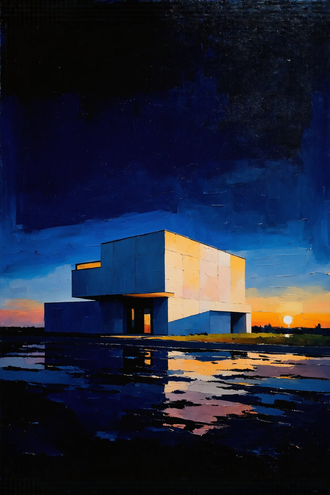 "Create an abstract, modern oil painting using extremely rough, large, and heavy impasto brush strokes, ensuring each element is painted with just a couple of bold strokes. An abstract, modern sunset with a minimalist, modern architectural style. The scene features a spectactular sunset with a tiny contemporary building with clean lines, sharp angles, and flat surfaces on the far distant horizon. The building is bathed in dramatic lighting, creating strong contrasts between light and shadow. The background features a deep, rich blue sky, transitioning smoothly from dark blue at the top to a lighter hue near the horizon, adding to the serene yet striking atmosphere. The building maintains its original color palette of whites and warm tones, with subtle variations and highlights to add depth and dimension. Intense shadows highlight the chiaroscuro effect. The foreground is dark and shadowy, enhancing the overall contrast and emphasizing the bold silhouettes of the structure. The overall mood is elegant and refined, showcasing the beauty of modern architecture."