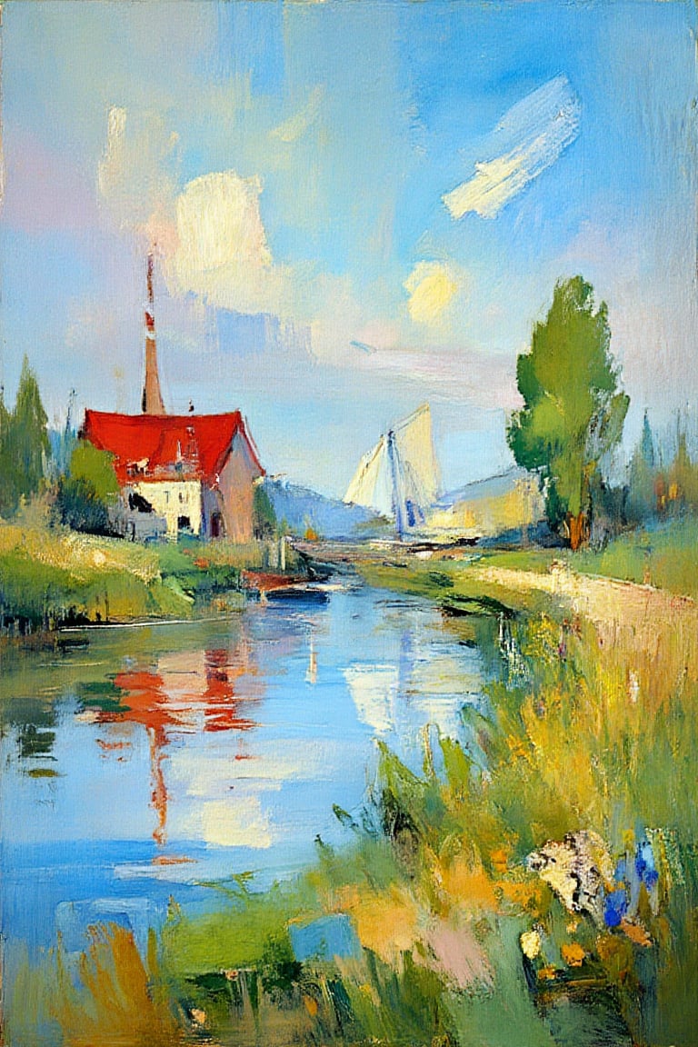 "Create a distant landscape scene in the style of Impressionism, featuring an expansive view of a peaceful, rural setting with more pronounced industrial buildings and chimneys near a body of water. A small sailboat is included on the river, with a single white sail slightly catching the wind, adding a gentle sense of movement and life to the serene atmosphere. The viewer’s perspective is slightly elevated, looking straight across a calm river, with soft reflections of the boat, buildings, and trees in the water. The riverbank in the foreground features lush green vegetation with wildflowers and bushes, with more variation and subtle texture. The background has distant rooftops, chimneys releasing light smoke, and soft, atmospheric trees. The color palette is soft and natural, with dominant tones of soft blues, greens, and whites creating a calm and peaceful atmosphere. The sky should feature soft, blended clouds with whites more distinct, and the reflections in the water should be more diffused. The lighting is soft and natural, evoking a cloudy day with very subtle, diffused light and no harsh shadows. The brushstrokes should remain loose and textured, with an emphasis on the play of light and color. The atmosphere is calm and reflective, with the background softly fading into the horizon, creating a natural depth. (masterpiece, ultra-high resolution, sharp focus, crystal clear details, vivid textures, high clarity, defined edges, ultra-sharp textures, subsurface scattering, while the background remains softly blurred and less defined)."