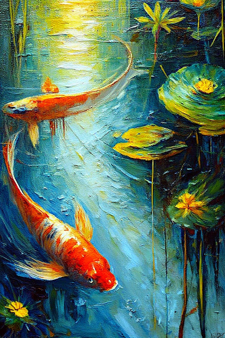 "In a surreal, expressionist style", A tranquil koi pond with lily pads, depicted through heavy impasto brushstrokes. The thick application of paint adds texture and depth to the scene, bringing the koi fish and lily pads to life with rich, vibrant colors. The koi seem to move fluidly beneath the surface, while the impasto technique gives the water and lily pads a tactile, almost three-dimensional quality. The bold, expressive brushwork emphasizes the natural beauty and calmness of the scene, with the texture adding a dynamic contrast to the peaceful subject matter.